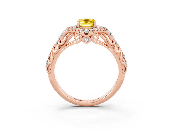 Rose gold Emerald Cut Yellow Sapphire Solitaire Ring with Hidden Halo and Pavé Band