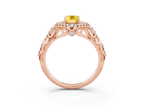 Rose gold Emerald Cut Yellow Sapphire Solitaire Ring with Hidden Halo and Pavé Band_15