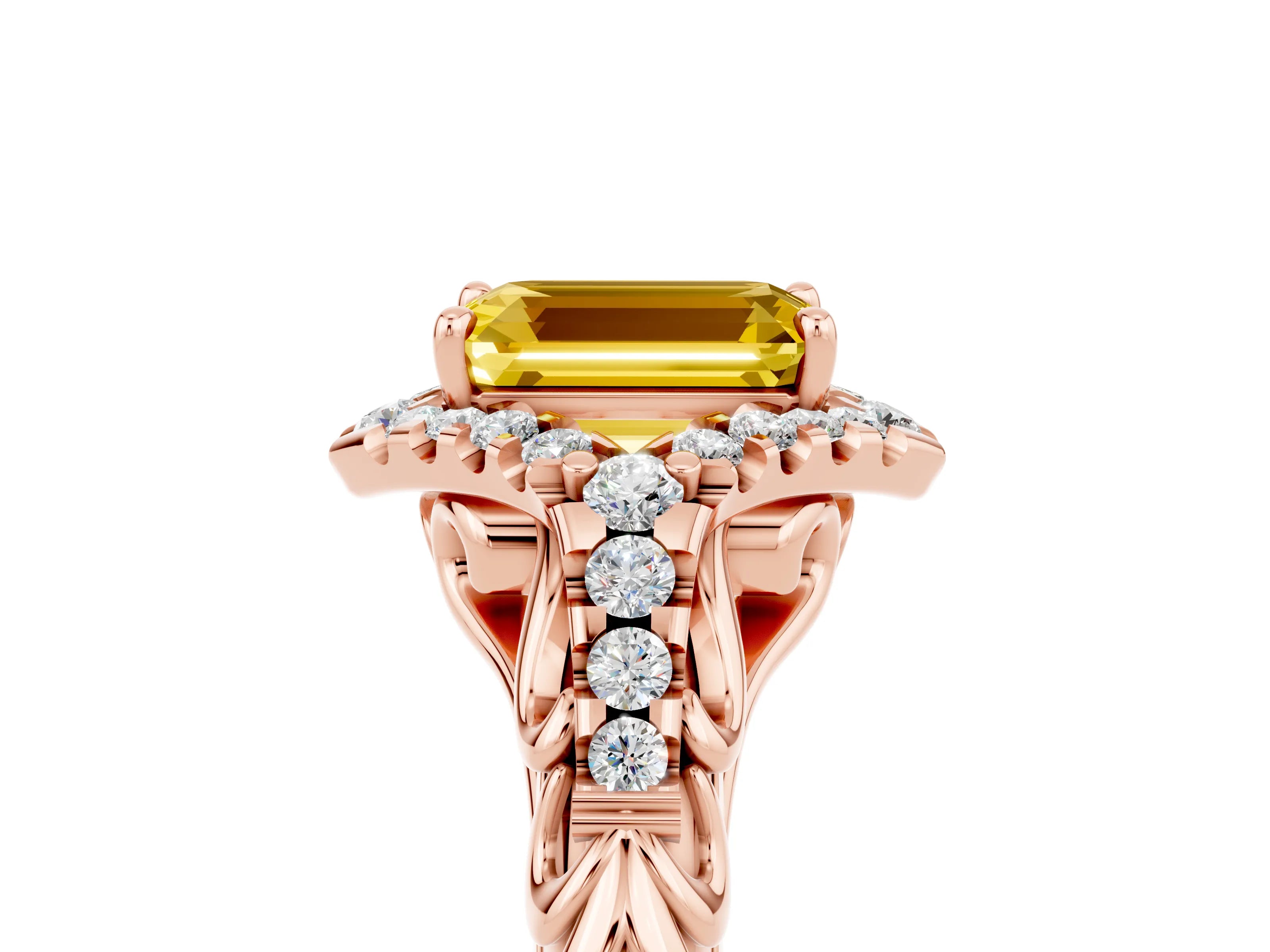 Rose gold Emerald Cut Yellow Sapphire Solitaire Ring with Hidden Halo and Pavé Band_17