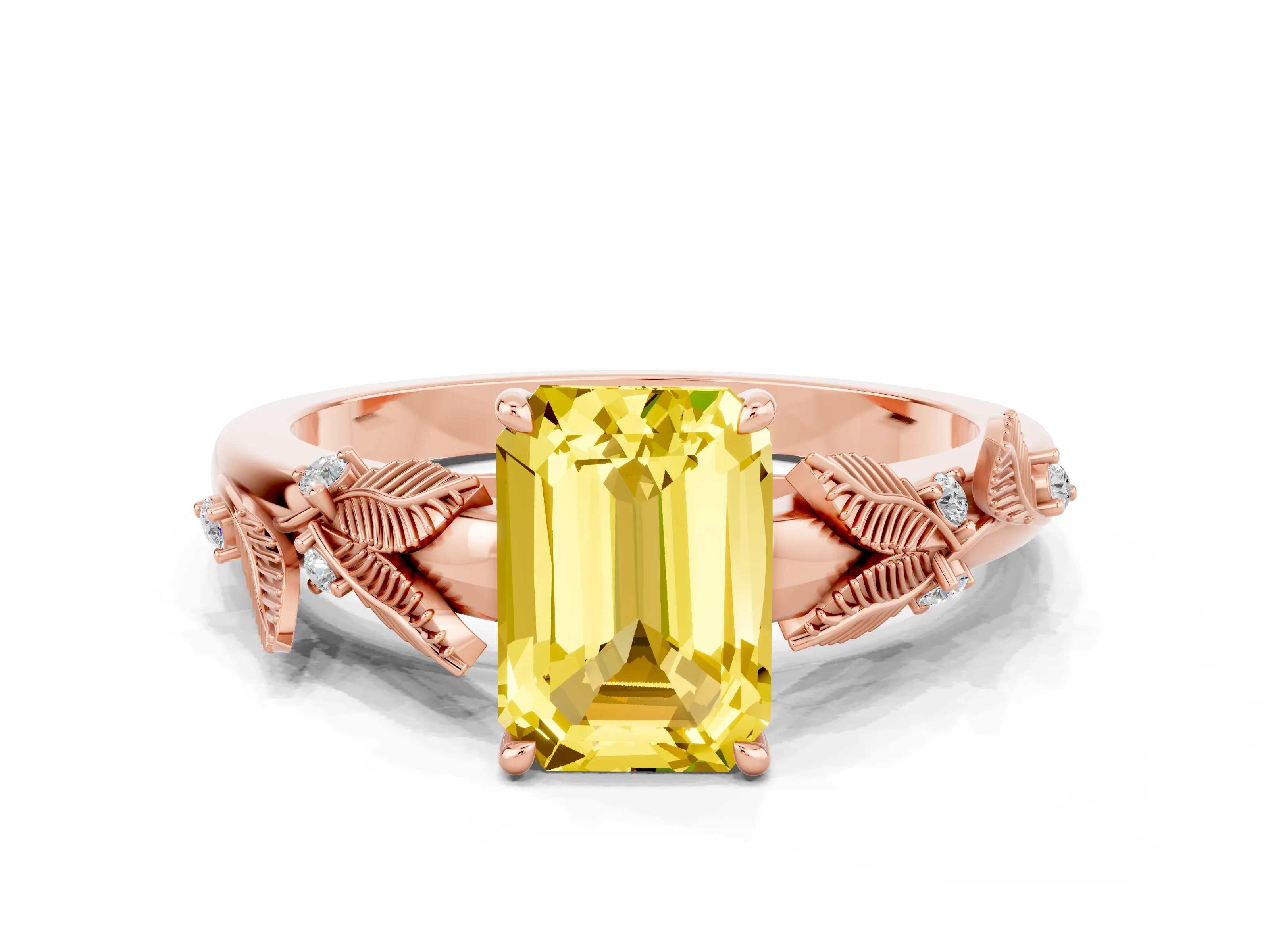 Rose gold Emerald Cut Yellow Sapphire Solitaire Ring with Leaf Motif Band and Four-Prong Setting