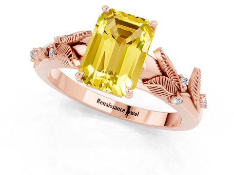 Rose gold Emerald Cut Yellow Sapphire Solitaire Ring with Leaf Motif Band and Four-Prong Setting_1