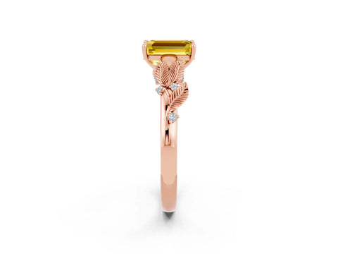Rose gold Emerald Cut Yellow Sapphire Solitaire Ring with Leaf Motif Band and Four-Prong Setting_2