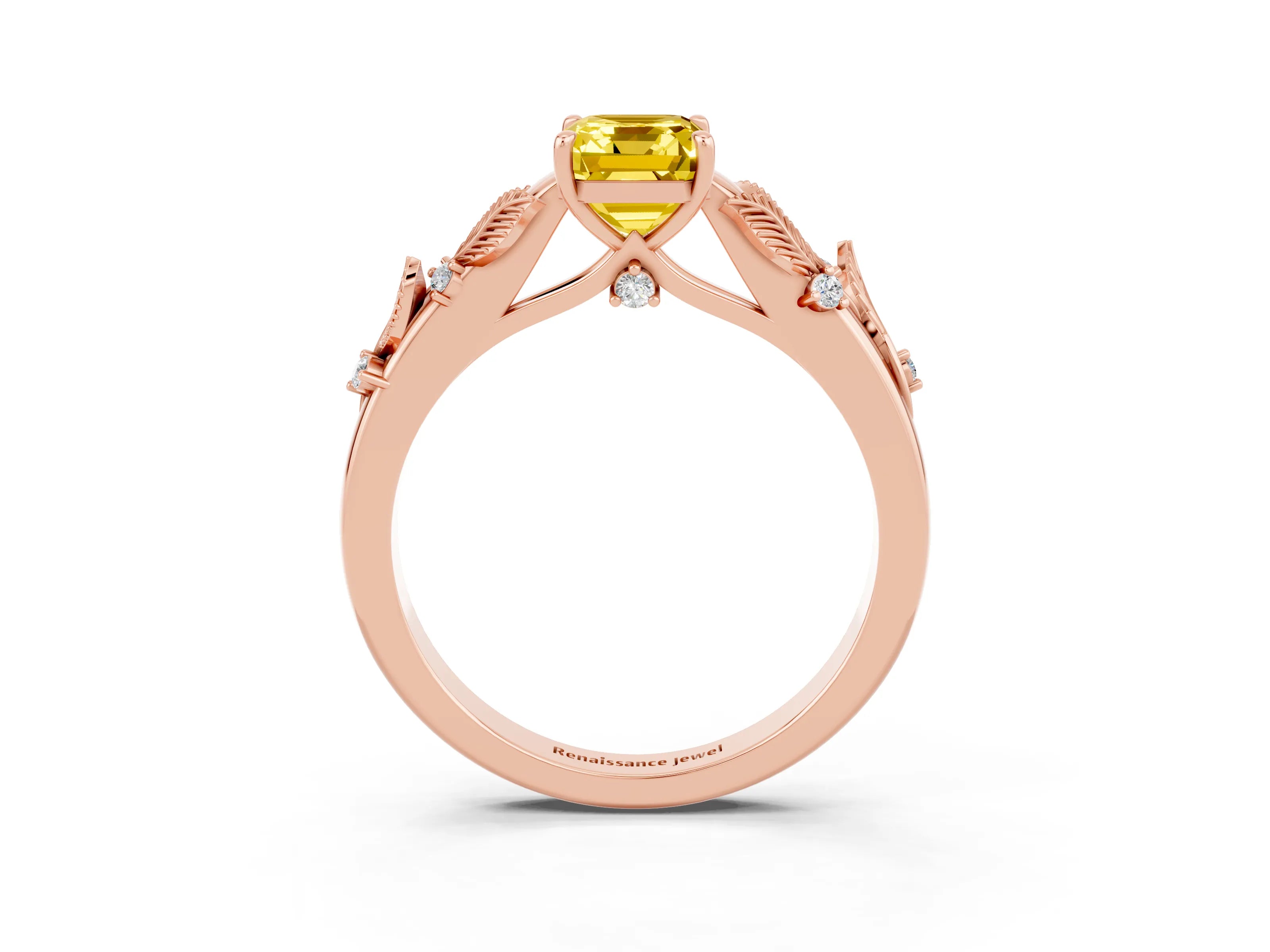 Rose gold Emerald Cut Yellow Sapphire Solitaire Ring with Leaf Motif Band and Four-Prong Setting_3