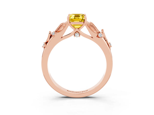Rose gold Emerald Cut Yellow Sapphire Solitaire Ring with Leaf Motif Band and Four-Prong Setting