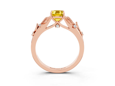 Rose gold Emerald Cut Yellow Sapphire Solitaire Ring with Leaf Motif Band and Four-Prong Setting_3