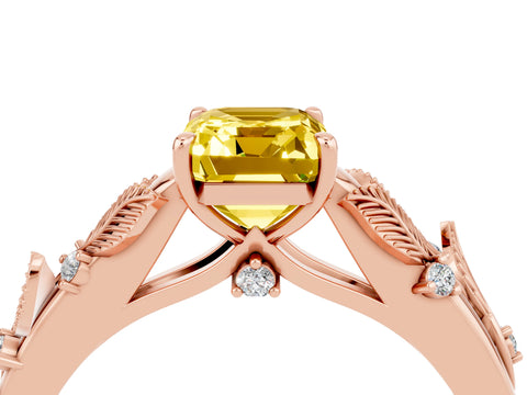 Rose gold Emerald Cut Yellow Sapphire Solitaire Ring with Leaf Motif Band and Four-Prong Setting_4