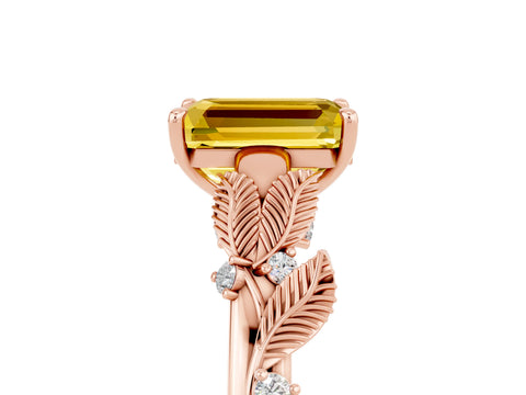 Rose gold Emerald Cut Yellow Sapphire Solitaire Ring with Leaf Motif Band and Four-Prong Setting_5