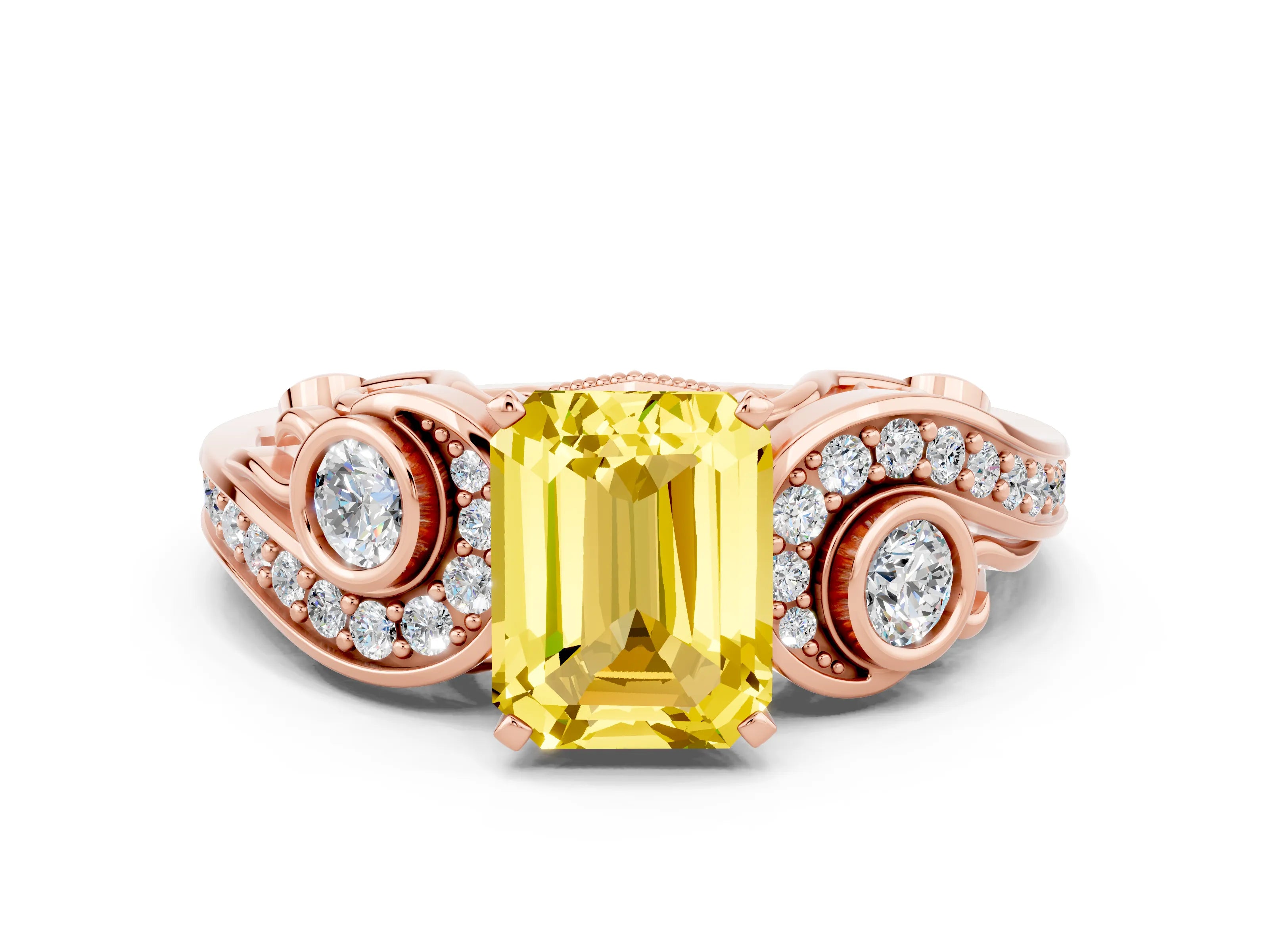 Rose gold Emerald Cut Yellow Sapphire Solitaire Ring with Milgrain Pavé Band and Four-Prong Setting_24