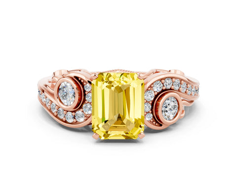 Rose gold Emerald Cut Yellow Sapphire Solitaire Ring with Milgrain Pavé Band and Four-Prong Setting_24