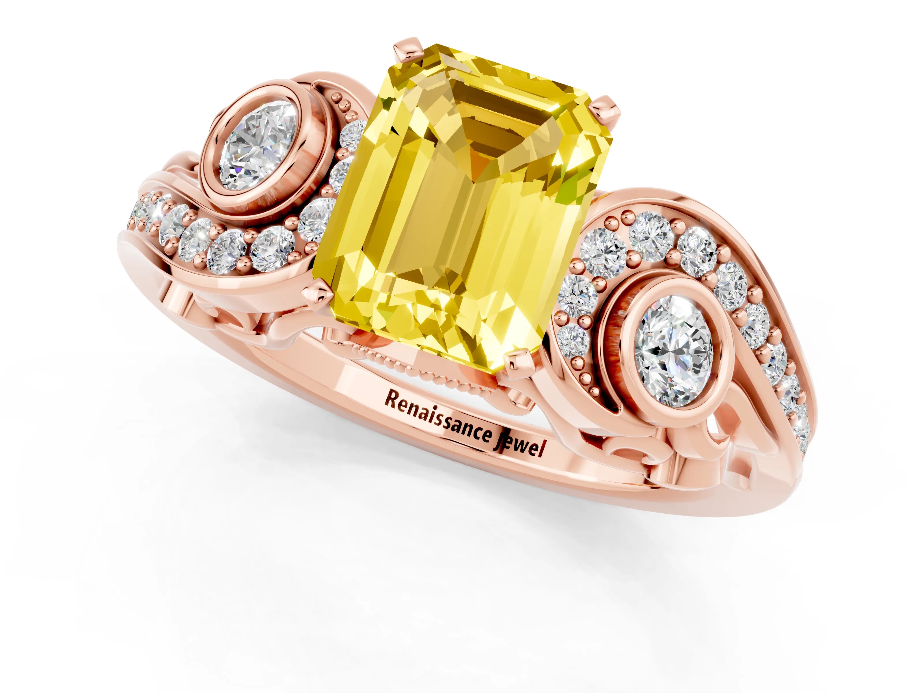 Rose gold Emerald Cut Yellow Sapphire Solitaire Ring with Milgrain Pavé Band and Four-Prong Setting_25