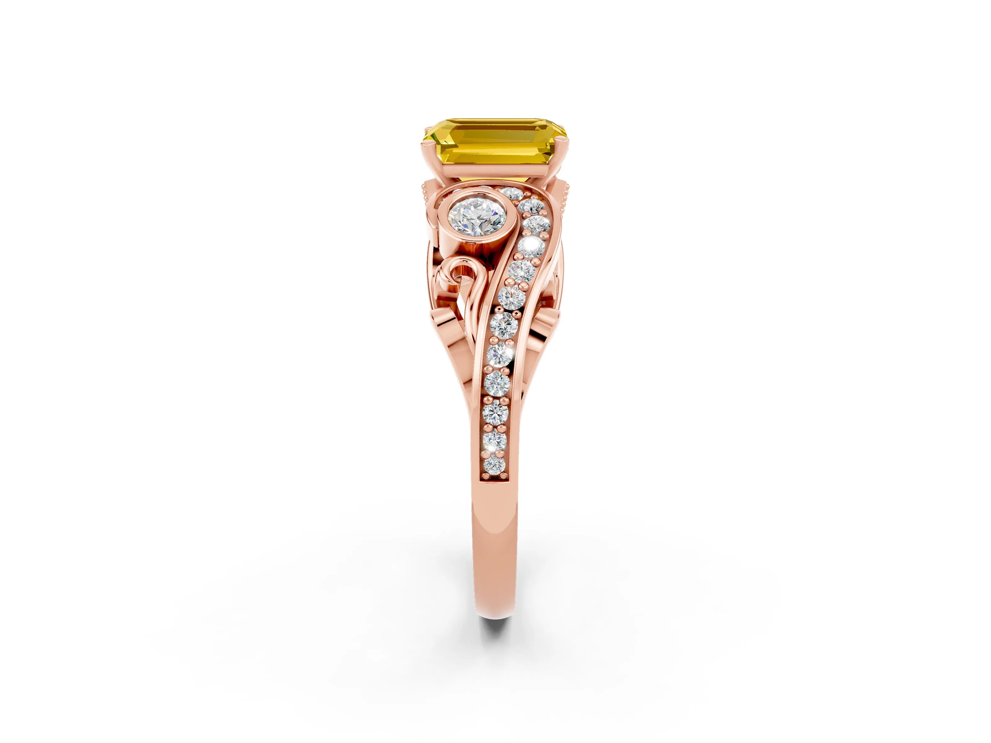 Rose gold Emerald Cut Yellow Sapphire Solitaire Ring with Milgrain Pavé Band and Four-Prong Setting_26