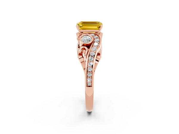 Rose gold Emerald Cut Yellow Sapphire Solitaire Ring with Milgrain Pavé Band and Four-Prong Setting