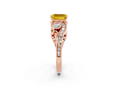 Rose gold Emerald Cut Yellow Sapphire Solitaire Ring with Milgrain Pavé Band and Four-Prong Setting_26
