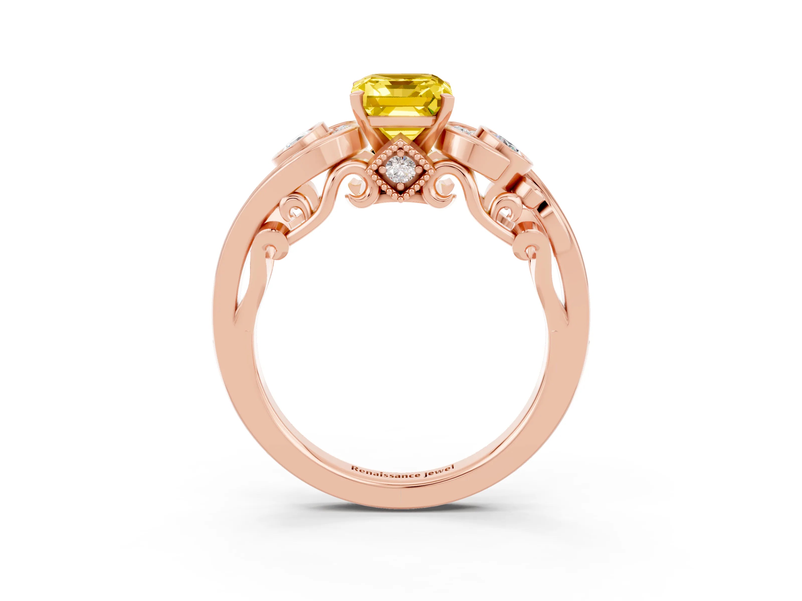 Rose gold Emerald Cut Yellow Sapphire Solitaire Ring with Milgrain Pavé Band and Four-Prong Setting_27