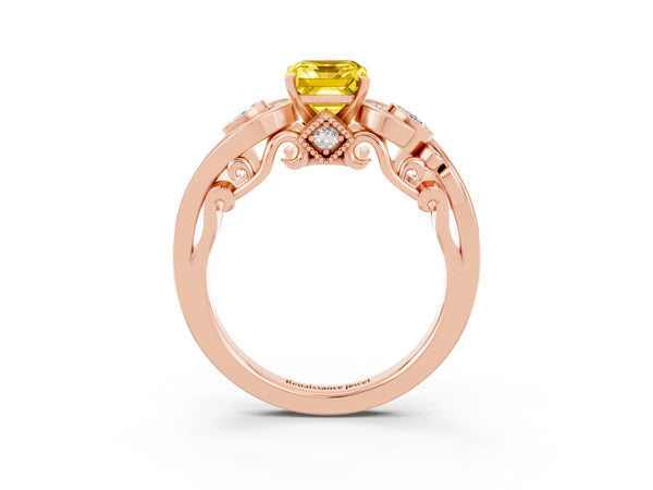 Rose gold Emerald Cut Yellow Sapphire Solitaire Ring with Milgrain Pavé Band and Four-Prong Setting