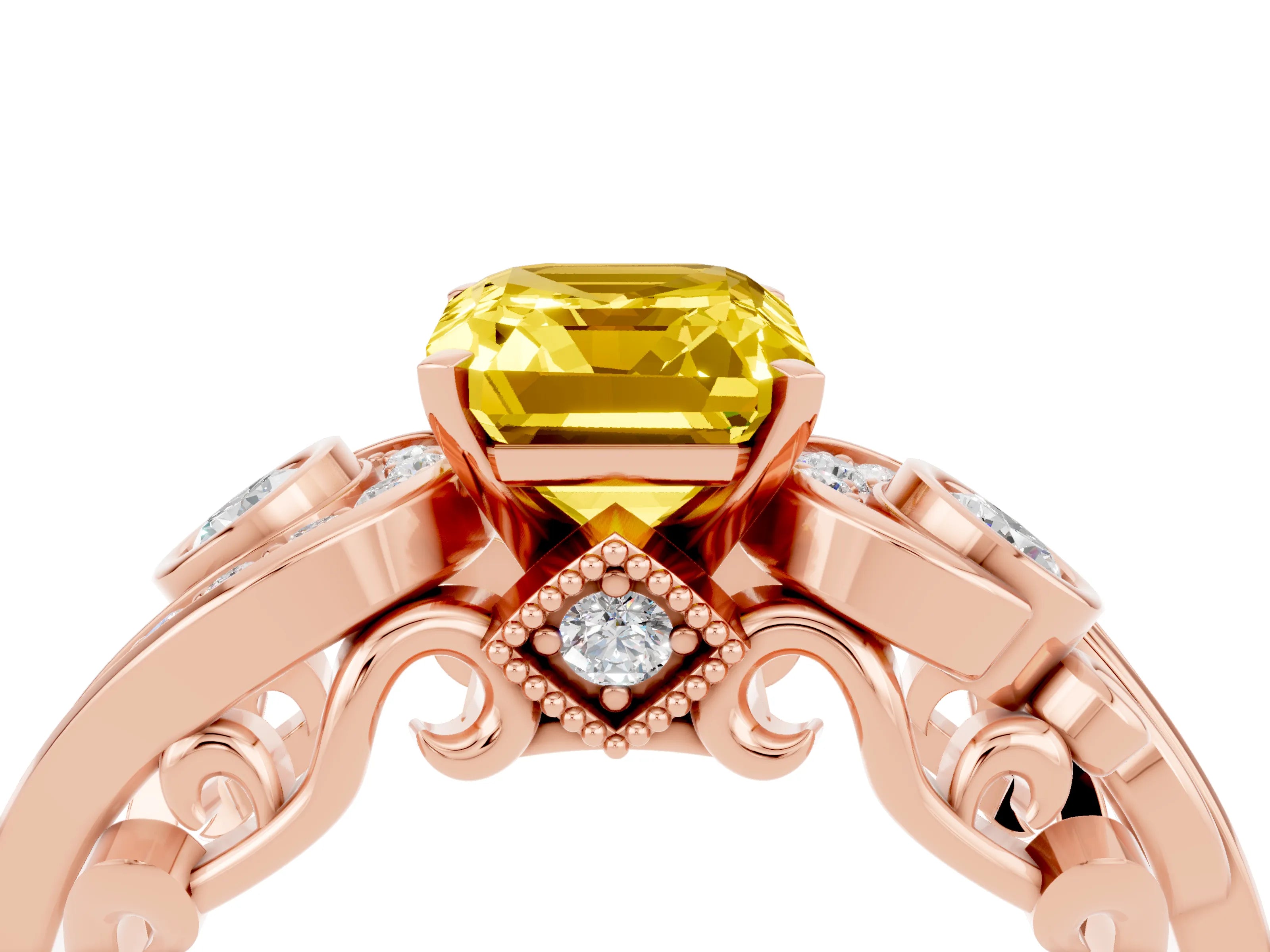 Rose gold Emerald Cut Yellow Sapphire Solitaire Ring with Milgrain Pavé Band and Four-Prong Setting_28