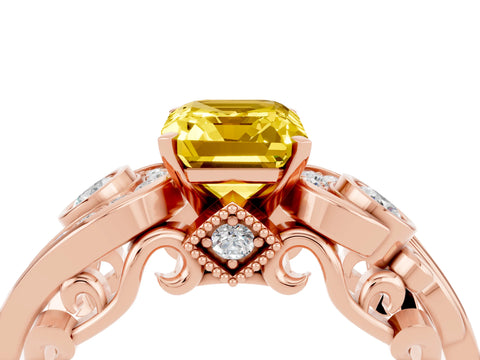 Rose gold Emerald Cut Yellow Sapphire Solitaire Ring with Milgrain Pavé Band and Four-Prong Setting_28
