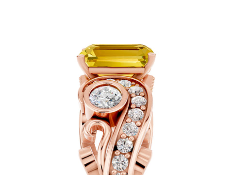 Rose gold Emerald Cut Yellow Sapphire Solitaire Ring with Milgrain Pavé Band and Four-Prong Setting_29
