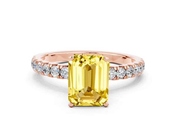 Rose gold Emerald Cut Yellow Sapphire Solitaire Ring with Pavé Accents and Four-Prong Setting