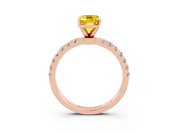 Rose gold Emerald Cut Yellow Sapphire Solitaire Ring with Pavé Accents and Four-Prong Setting