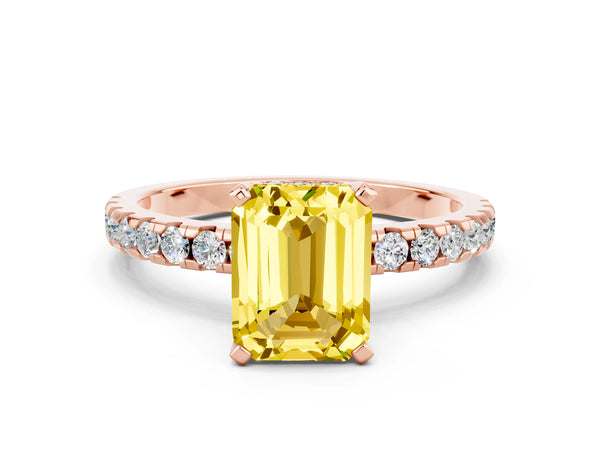 Rose gold Emerald Cut Yellow Sapphire Solitaire Ring with Round  Pavé Band and Four-Prong Setting