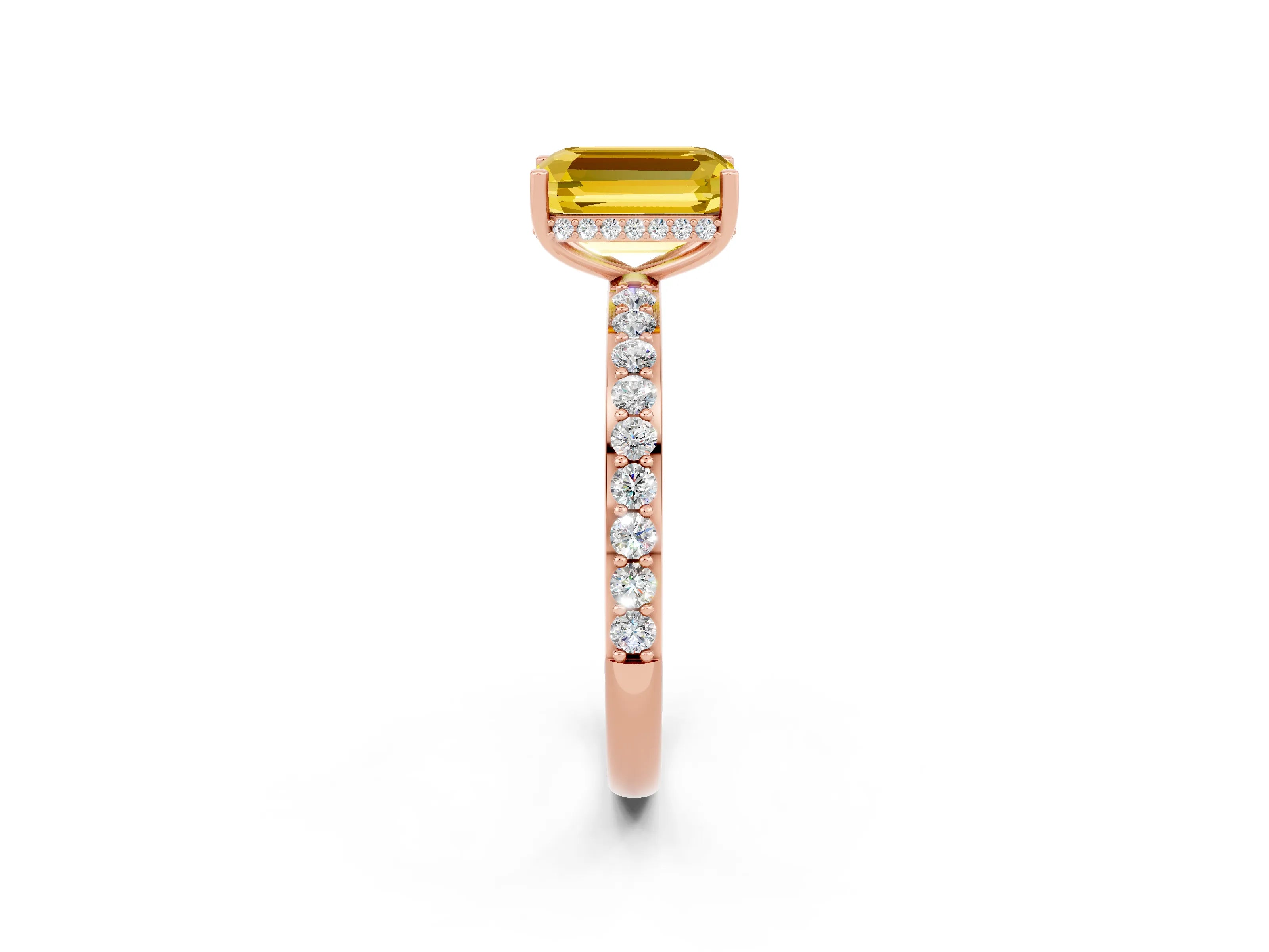 Rose gold Emerald Cut Yellow Sapphire Solitaire Ring with Pavé Band and Hidden Halo_14
