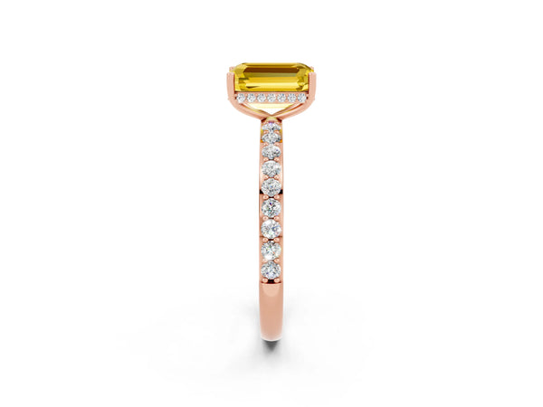 Rose gold Emerald Cut Yellow Sapphire Solitaire Ring with Pavé Band and Hidden Halo