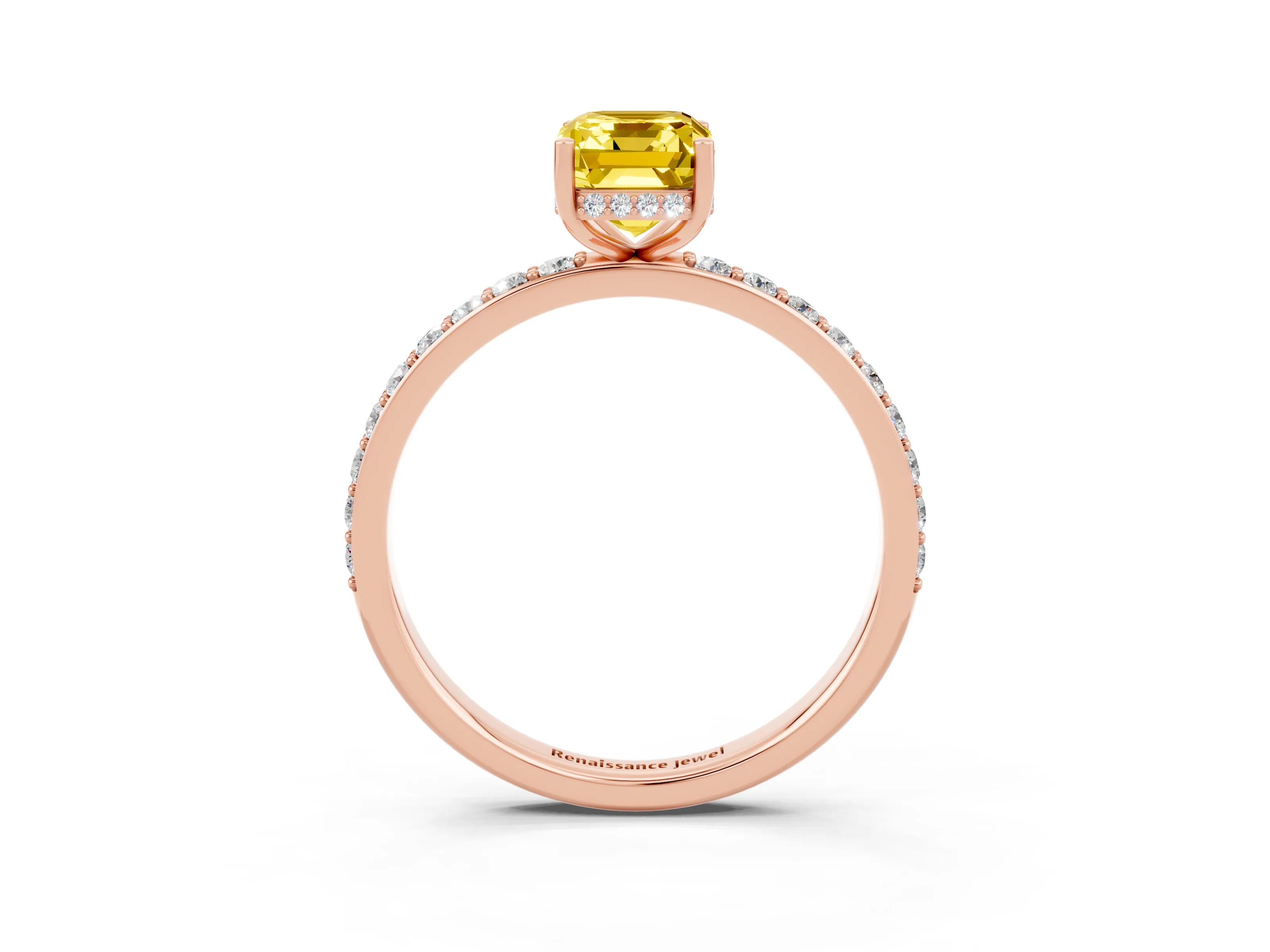 Rose gold Emerald Cut Yellow Sapphire Solitaire Ring with Pavé Band and Hidden Halo_15