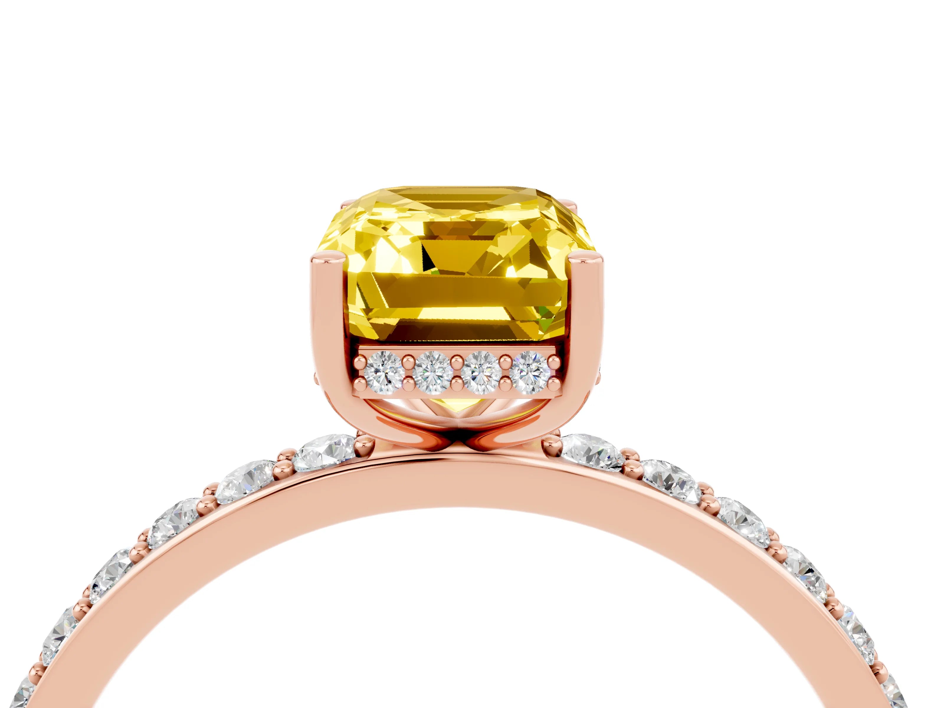 Rose gold Emerald Cut Yellow Sapphire Solitaire Ring with Pavé Band and Hidden Halo_16