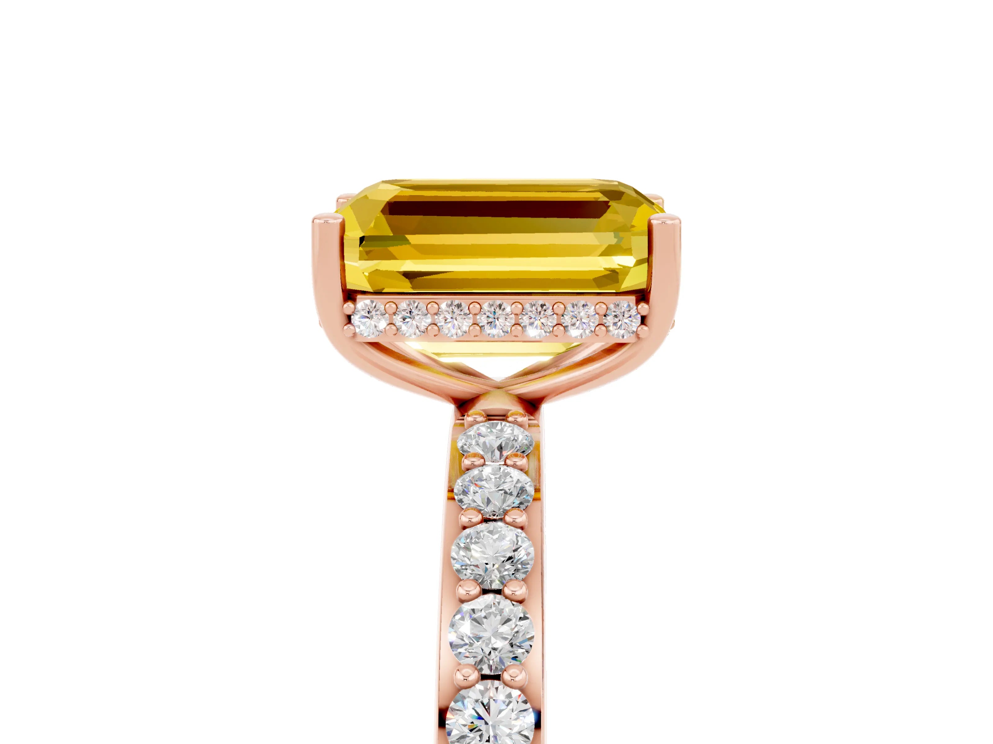 Rose gold Emerald Cut Yellow Sapphire Solitaire Ring with Pavé Band and Hidden Halo_17