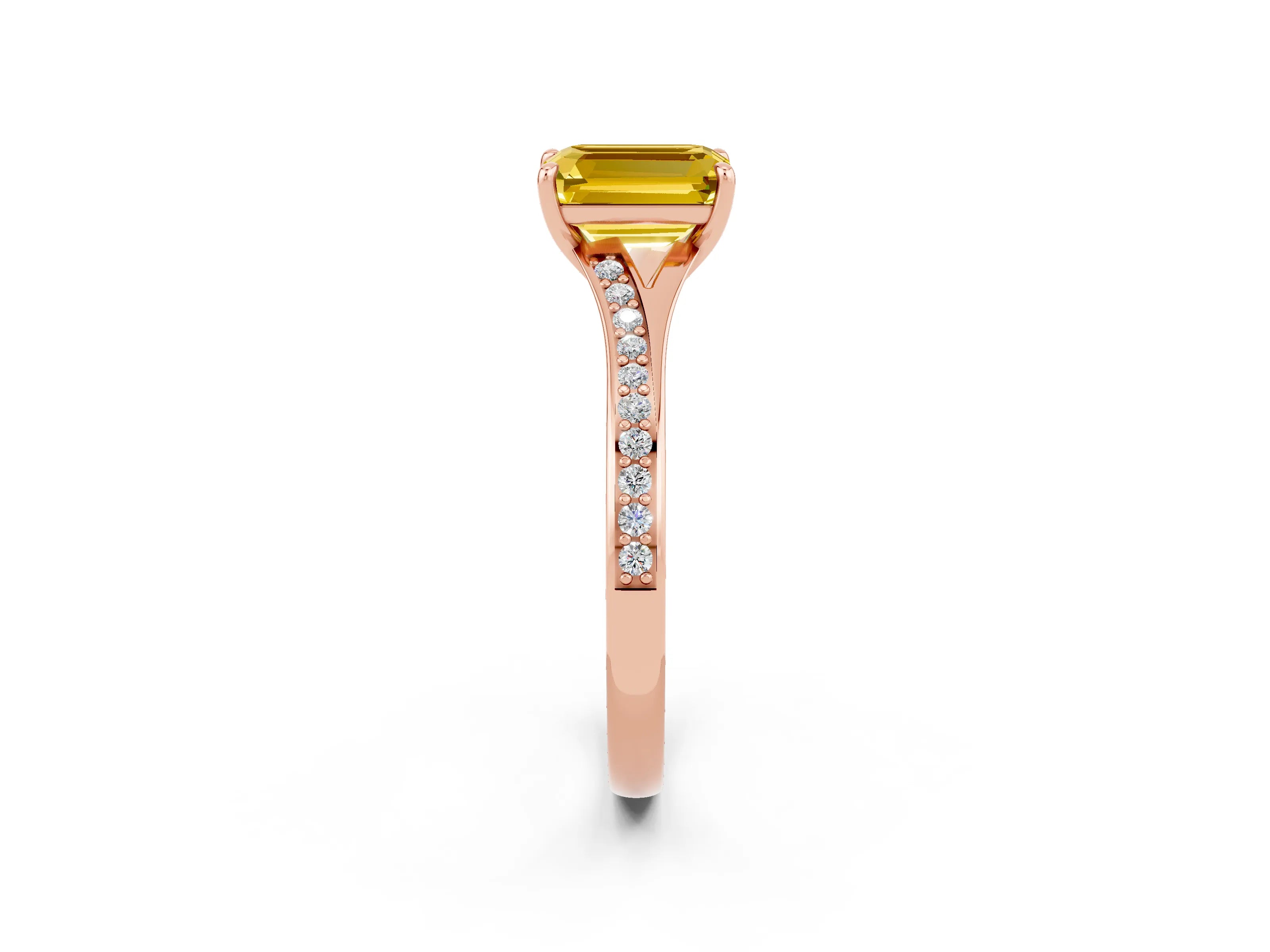 Rose gold Emerald Cut Yellow Sapphire Solitaire Ring with Pavé Band and Prong Setting_2