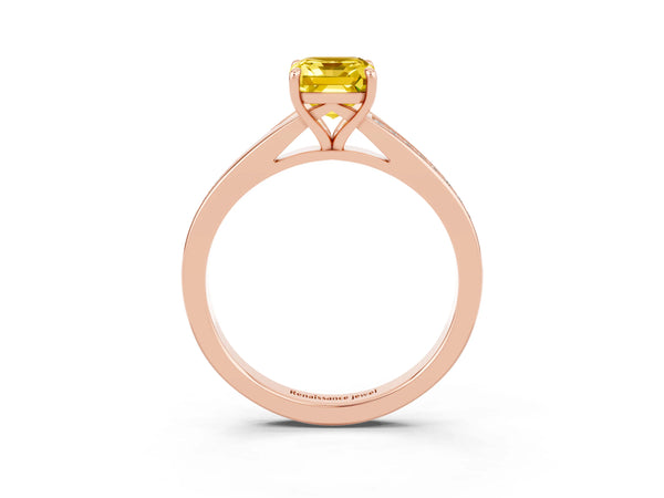 Rose gold Emerald Cut Yellow Sapphire Solitaire Ring with Pavé Band and Prong Setting