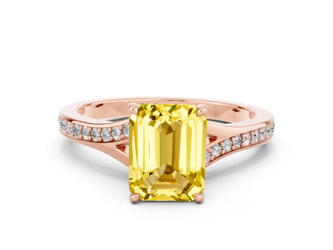 Rose gold Emerald Cut Yellow Sapphire Solitaire Ring with Pavé Band and Prong Setting_36