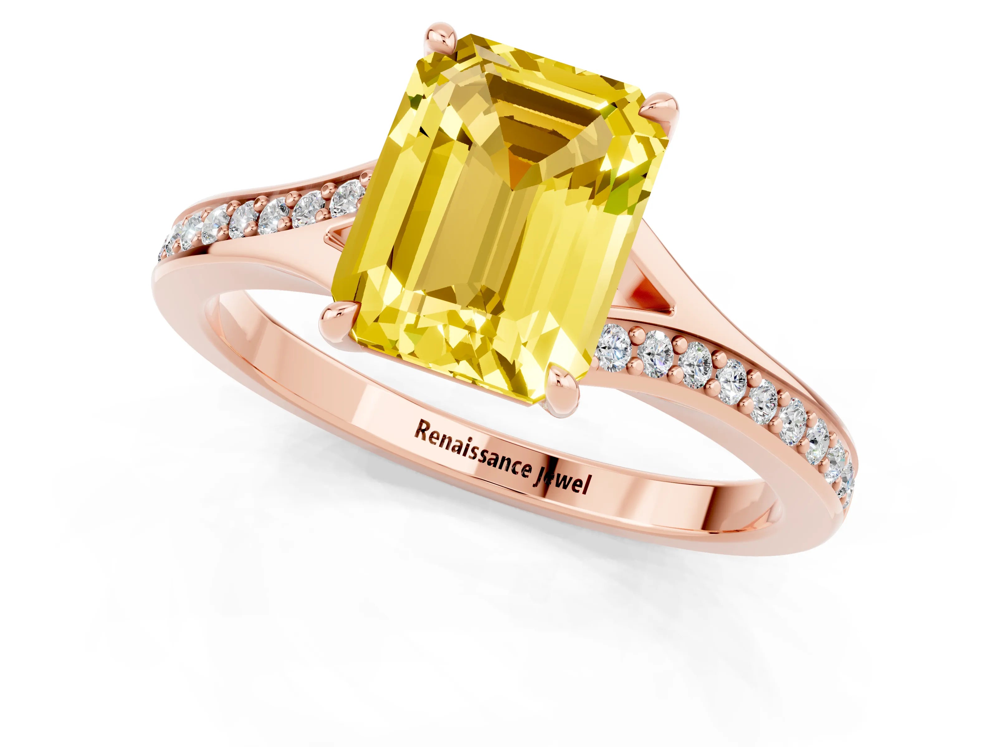 Rose gold Emerald Cut Yellow Sapphire Solitaire Ring with Pavé Band and Prong Setting_37