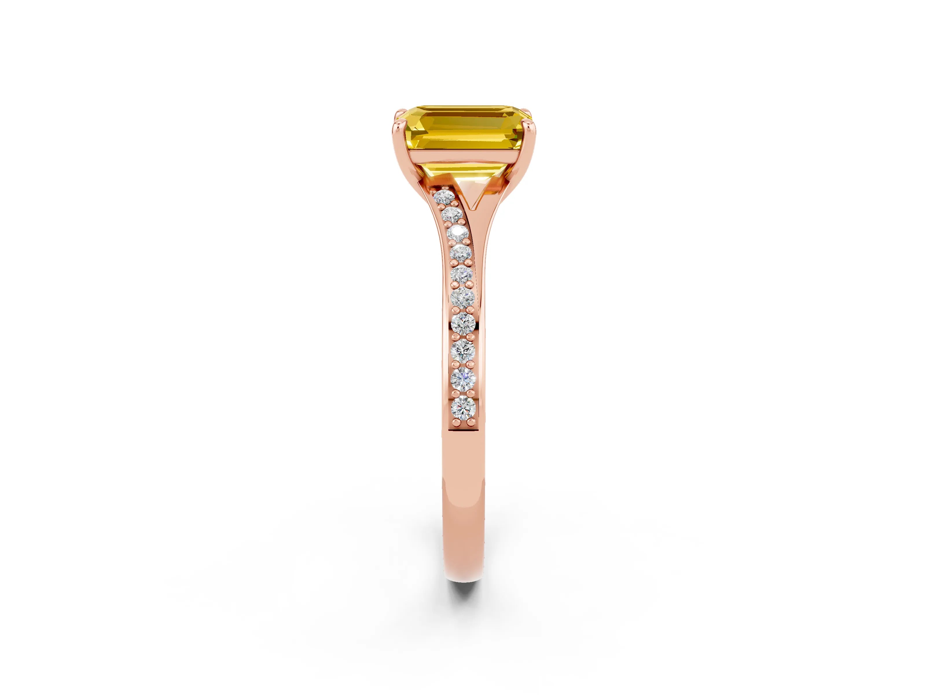 Rose gold Emerald Cut Yellow Sapphire Solitaire Ring with Pavé Band and Prong Setting_38