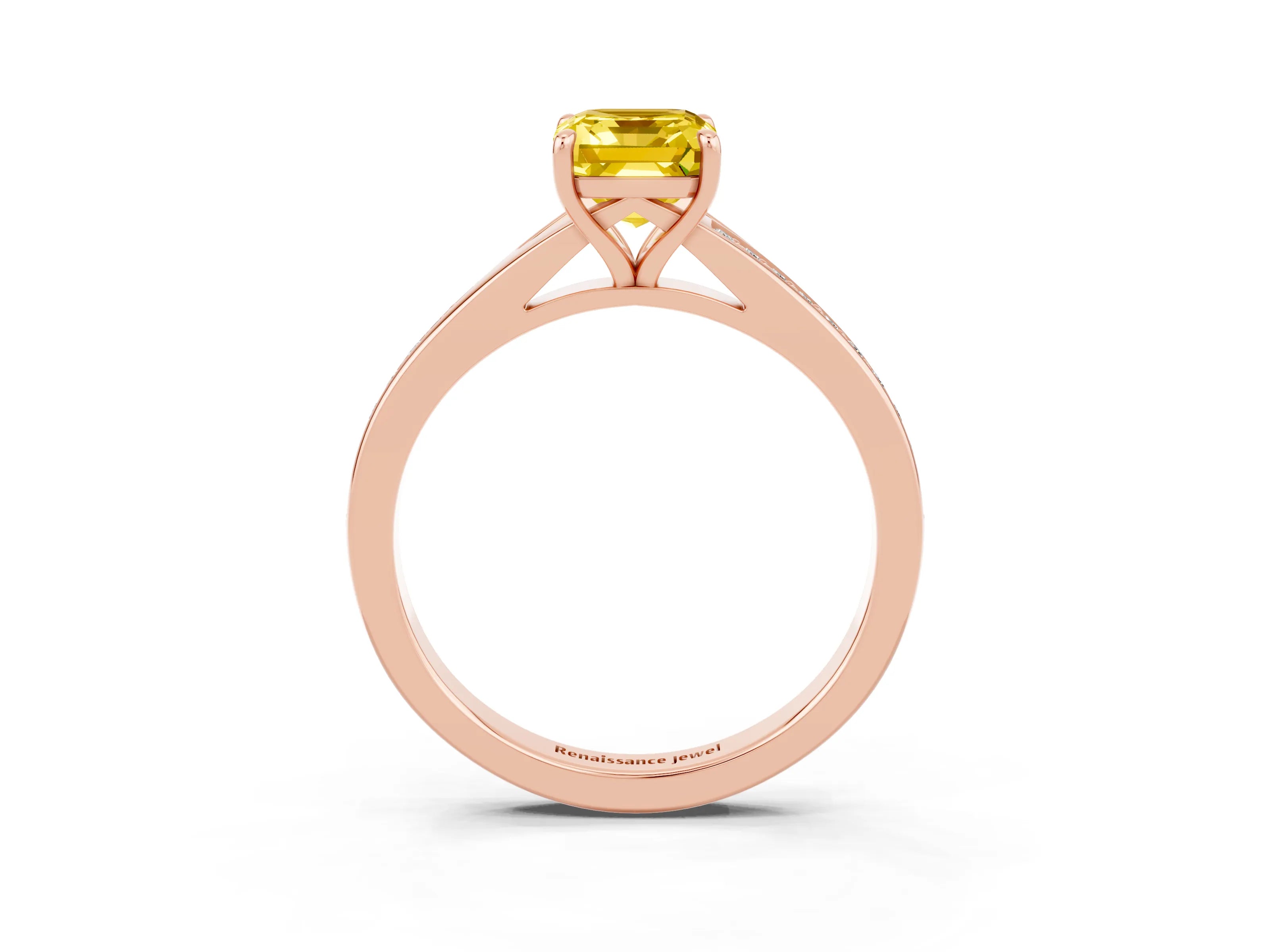 Rose gold Emerald Cut Yellow Sapphire Solitaire Ring with Pavé Band and Prong Setting_39