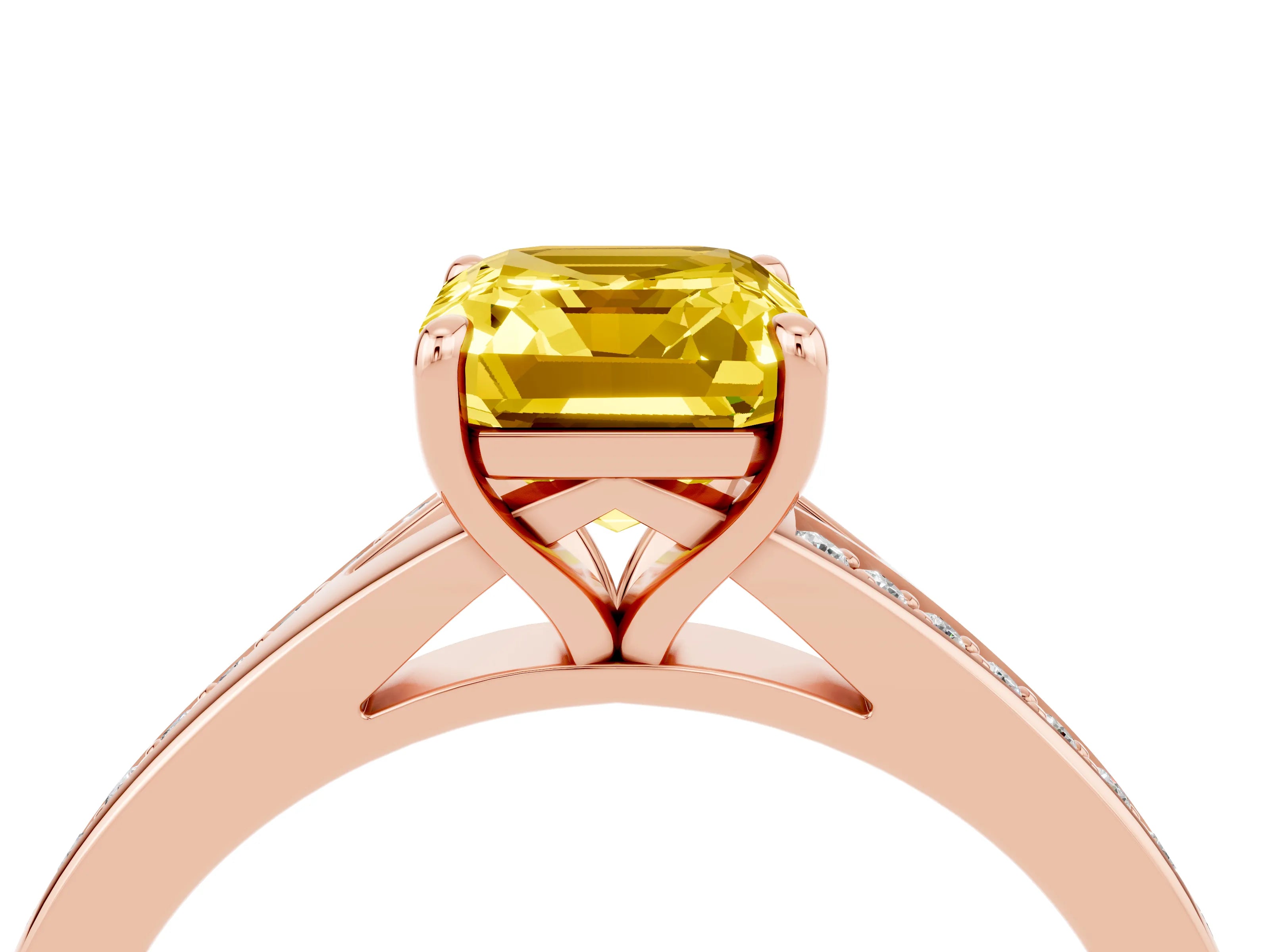 Rose gold Emerald Cut Yellow Sapphire Solitaire Ring with Pavé Band and Prong Setting_40