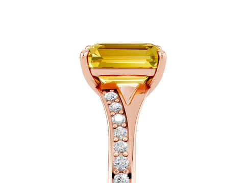 Rose gold Emerald Cut Yellow Sapphire Solitaire Ring with Pavé Band and Prong Setting_41