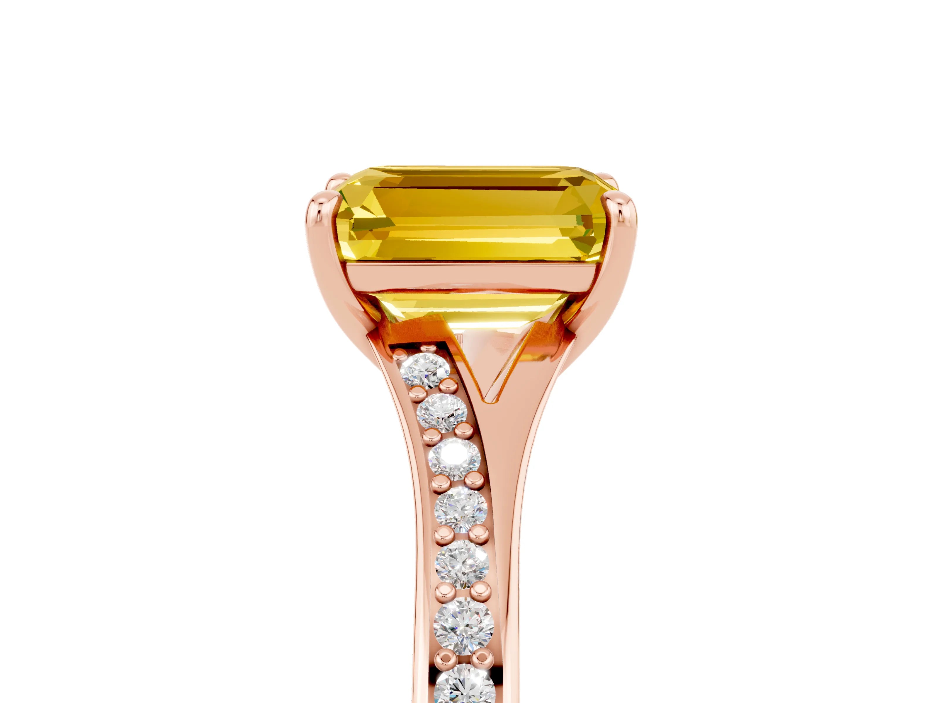Rose gold Emerald Cut Yellow Sapphire Solitaire Ring with Pavé Band and Prong Setting_5