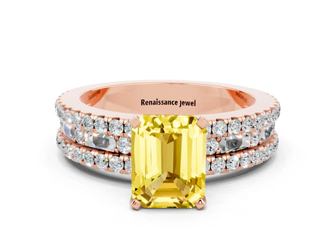 Rose gold Emerald Cut Yellow Sapphire Solitaire Ring with Pavé and Channel Set Band_24
