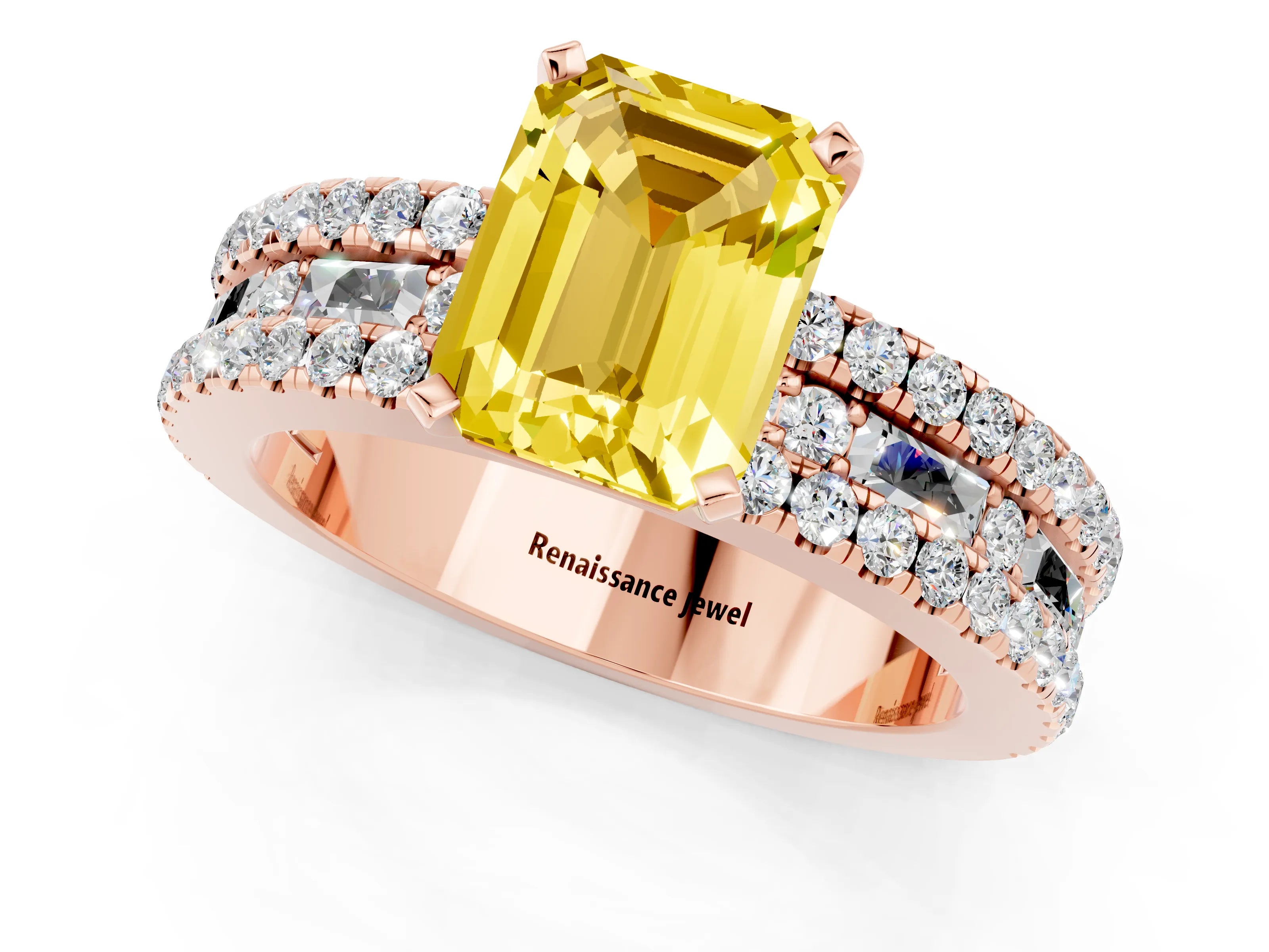 Rose gold Emerald Cut Yellow Sapphire Solitaire Ring with Pavé and Channel Set Band_25