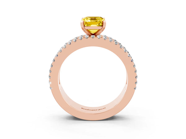 Rose gold Emerald Cut Yellow Sapphire Solitaire Ring with Pavé and Channel Set Band