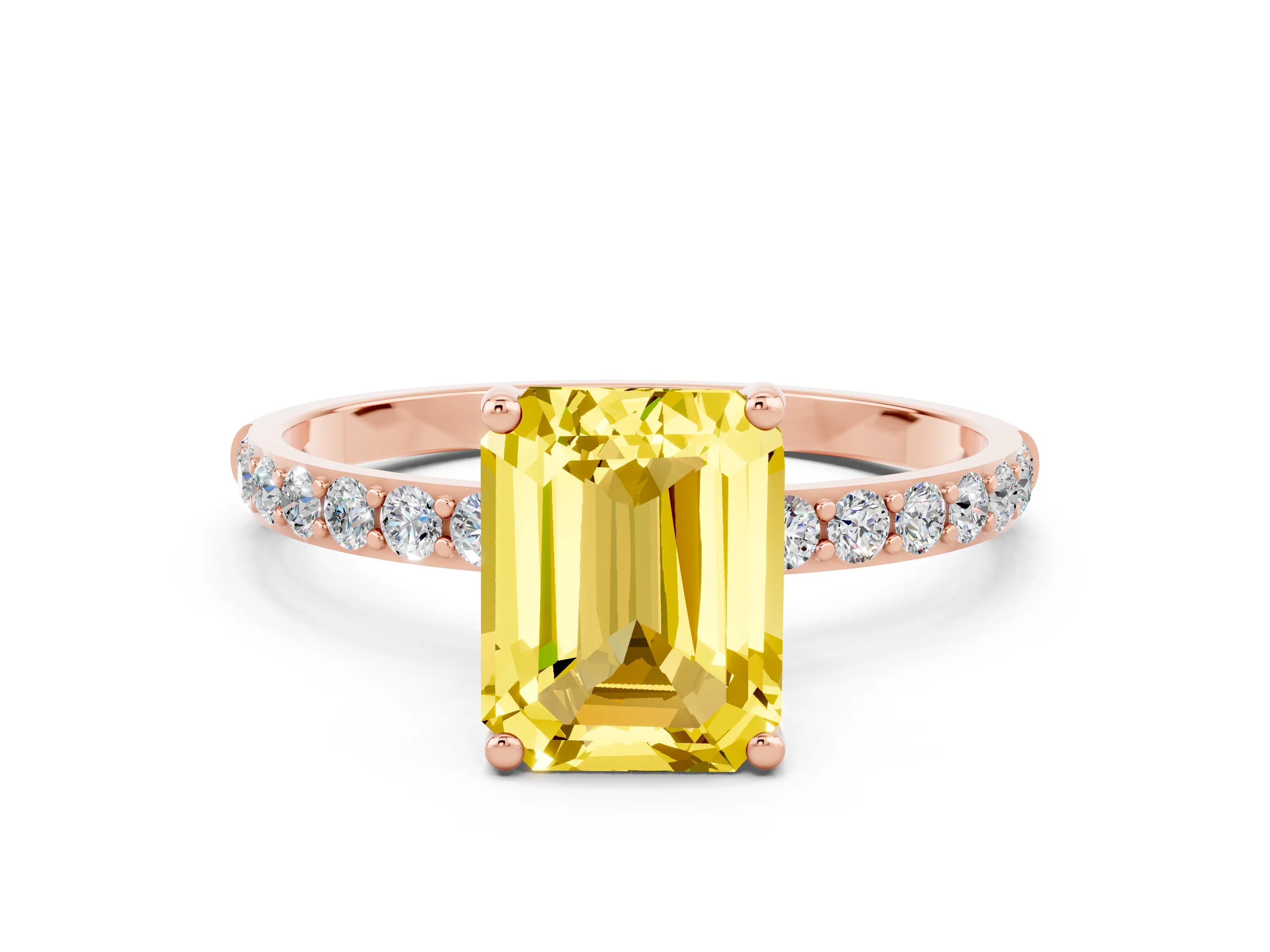 Rose gold Emerald Cut Yellow Sapphire Solitaire Ring with Pave Band and Four Prong Setting_48