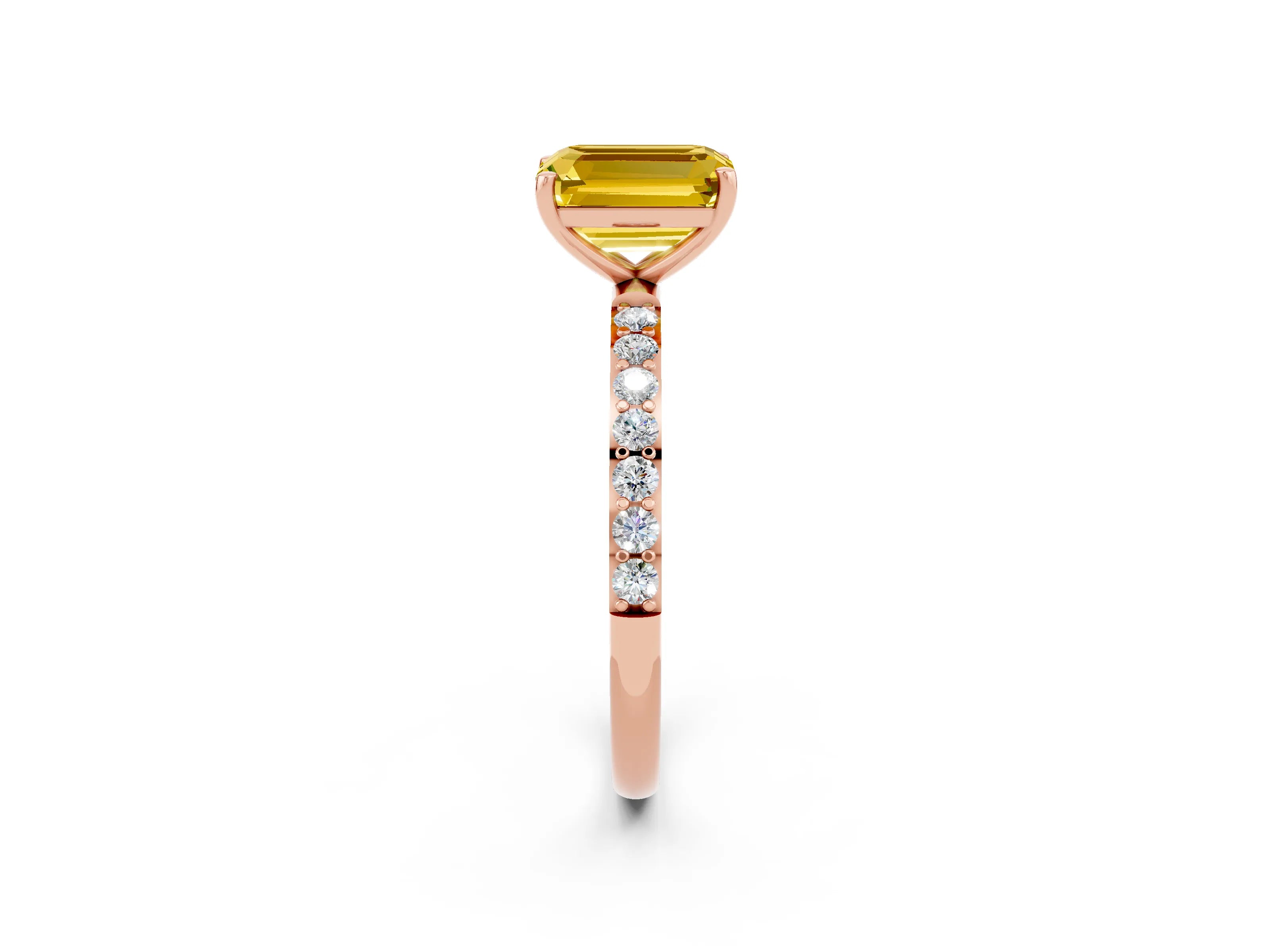 Rose gold Emerald Cut Yellow Sapphire Solitaire Ring with Pave Band and Four Prong Setting_50