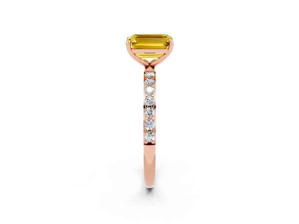 Rose gold Emerald Cut Yellow Sapphire Solitaire Ring with Round  Pavé Band and Prong Setting