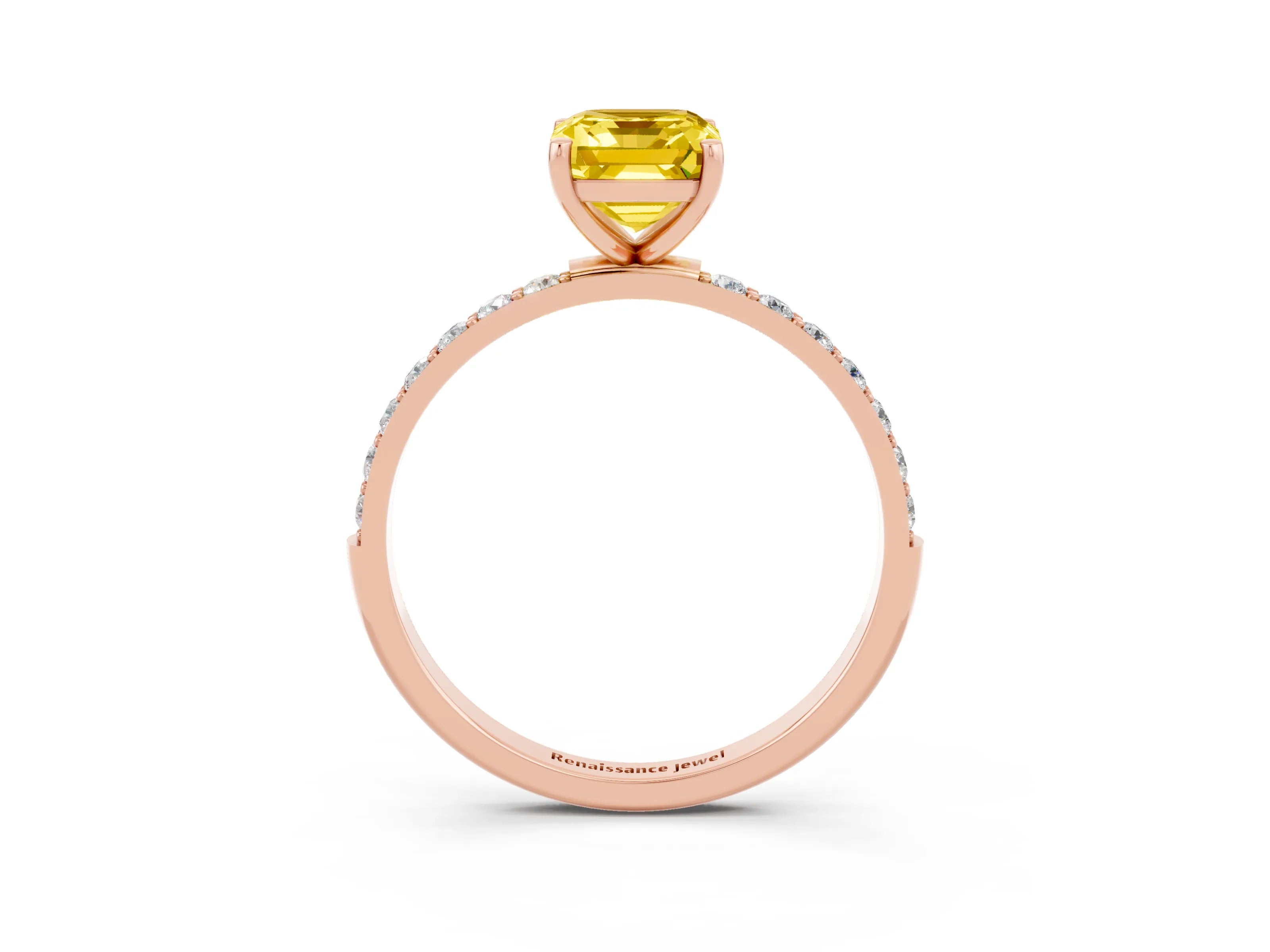 Rose gold Emerald Cut Yellow Sapphire Solitaire Ring with Pave Band and Four Prong Setting_51