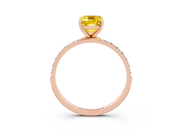 Rose gold Emerald Cut Yellow Sapphire Solitaire Ring with Round  Pavé Band and Prong Setting