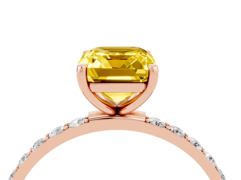 Rose gold Emerald Cut Yellow Sapphire Solitaire Ring with Pave Band and Four Prong Setting_52