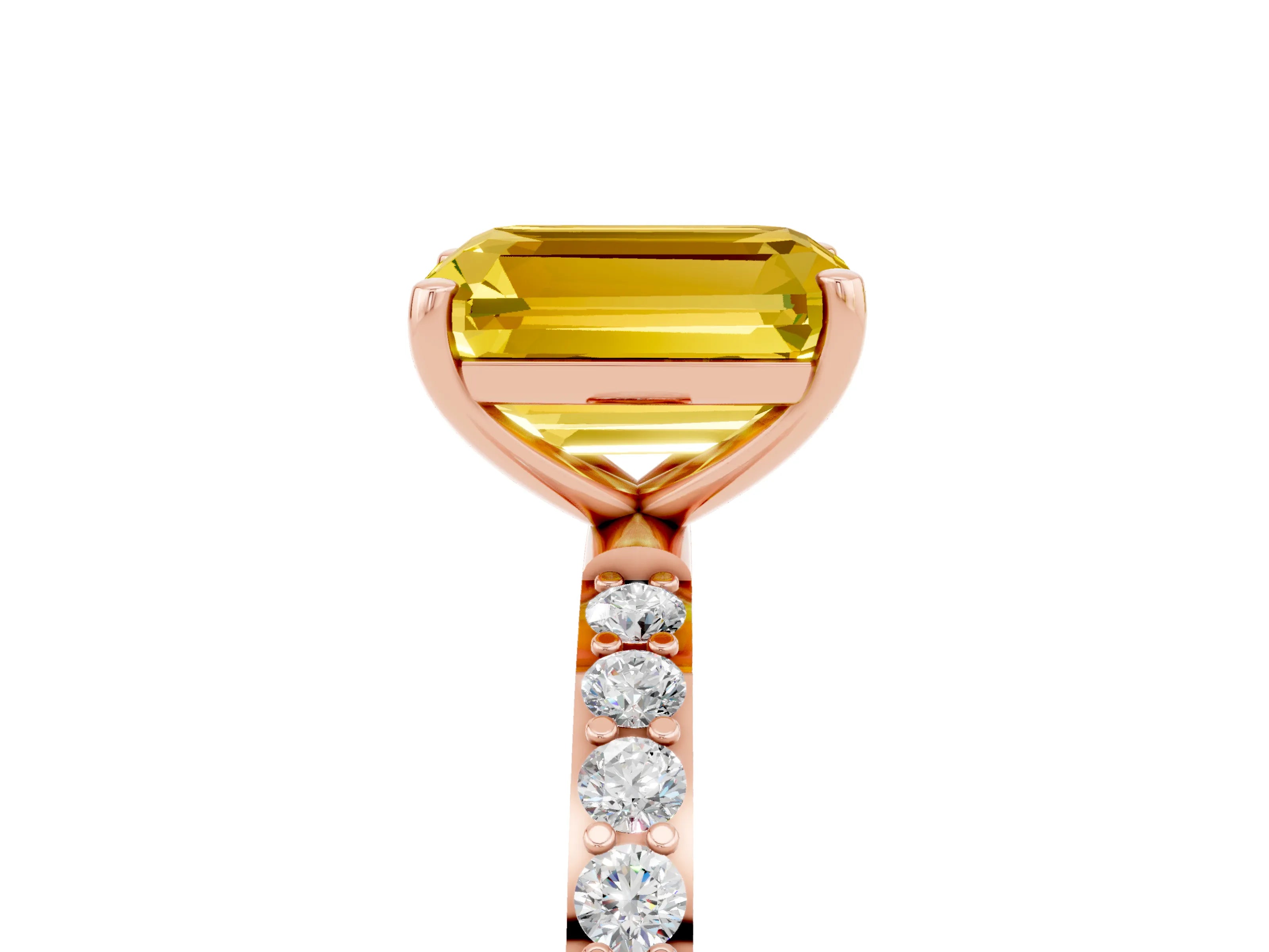 Rose gold Emerald Cut Yellow Sapphire Solitaire Ring with Pave Band and Four Prong Setting_53