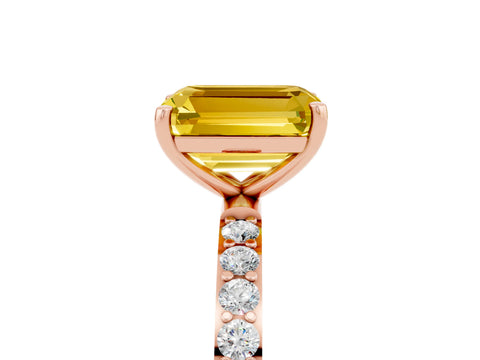 Rose gold Emerald Cut Yellow Sapphire Solitaire Ring with Pave Band and Four Prong Setting_53
